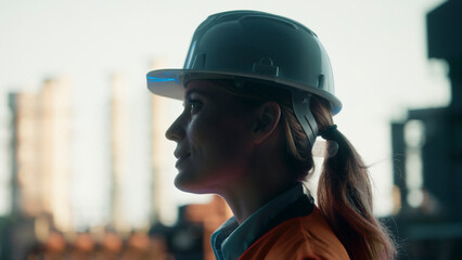 Female engineer wearing hardhat supervising industrial plant