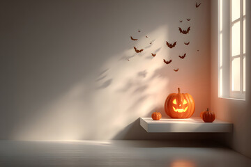 Floating podium mockup with spooky pumpkin shadow on the wall.