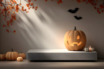 Floating podium mockup with spooky pumpkin shadow on the wall.