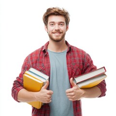 A cheerful student is smiling and holding books, giving a thumbs-up, showcasing his positivity 