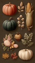 Seasonal harvest display featuring diverse pumpkins and autumn plants in a rustic arrangement