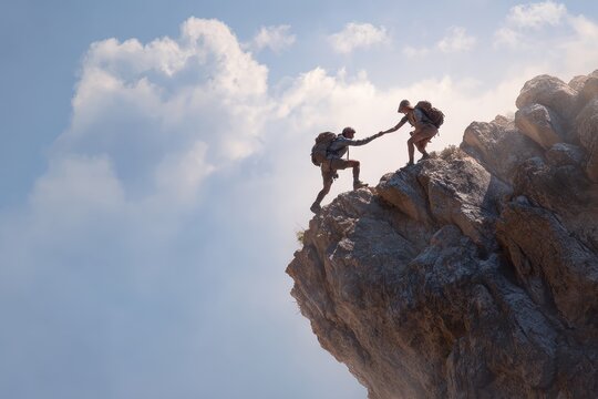Hikers ascending a rocky cliff while helping each other in a challenging mountain environment during midday light