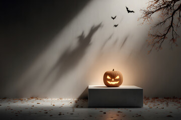 Floating podium mockup with spooky pumpkin shadow on the wall.