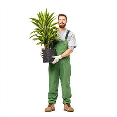 A smiling man in work attire holding a potted plant