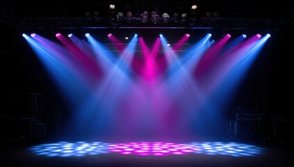 Illuminated Stage. A dark stage is lit by bright beams of blue and pink spotlights shining down from above. The floor glows in a grid-like pattern of blended colors, with a metal structure above