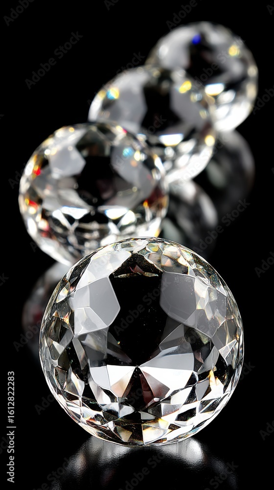 Poster shiny crystal spheres arranged in a line on a black background creating a reflective and elegant vis