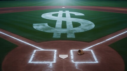 Baseball diamond transformed into a winning symbol of financial prosperity and lucrative sports investments under stadium lights.