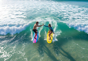 Couple surfing together, high-five, ocean waves, sunny day,  surfboards.