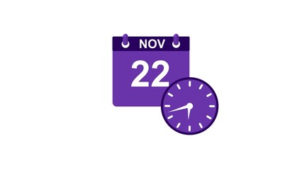November month 22 date calendar icon clock white color 4k illustration.