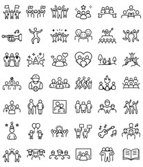 Group of people icons representing holidays, celebrations, sports, and friendship in a vibrant style
