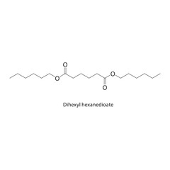 Dihexyl phthalate skeletal structure. Phthalate Ester compound schematic illustration. Simple diagram, chemical formula.
