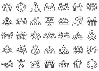 Group of people icons representing celebration, teamwork, sports, and friendship in a lively style
