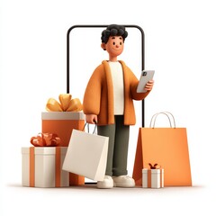 Online shopper enjoying a seamless shopping experience with his mobile phone and shopping bags filled with gifts. The scene captures the excitement and convenience of modern shopping