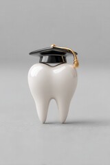Creative minimalist design showcasing a playful white tooth wearing a black graduation cap resting against a soft gray background. Back to School