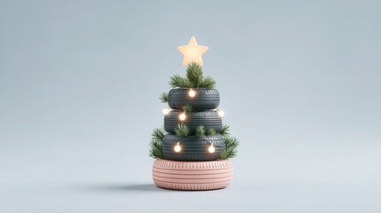 Creative Christmas tree made of car tires adorned with lights and greenery. Christmas and New Year. Winter Wonderland