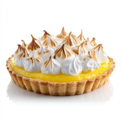A delectable lemon tart with a creamy filling and beautifully toasted meringue peaks. The tart sits on a light surface, inviting a moment of sweet indulgence.