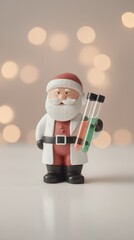 Creations of a festive scientist with Santa Claus holding test tubes in a cozy, light-filled setting during the holiday season. Christmas and New Year. Winter Wonderland