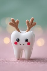 Surreal portrayal of a whimsical tooth adorned with antlers and a charming smile, set against a dreamy background. Christmas and New Year. Winter Wonderland