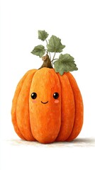 Cute cartoon pumpkin with a smiling face and green leaves on top against a plain background