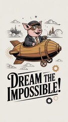 Whimsical birthday greeting card featuring a pig in aviator goggles soaring through the sky in a vintage airship. National When Pigs Fly Day