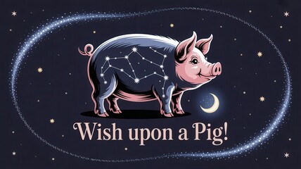 Whimsical birthday greeting card with a starry pig surrounded by a dreamy cosmic scene and a gentle moonlit sky. National When Pigs Fly Day
