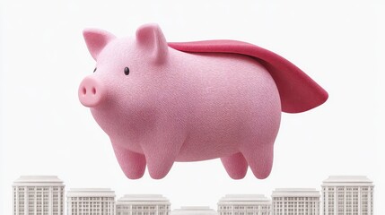 Cartoon pig superhero with capes flying over city buildings in a vibrant, minimalist style showcasing fun and creativity. National When Pigs Fly Day