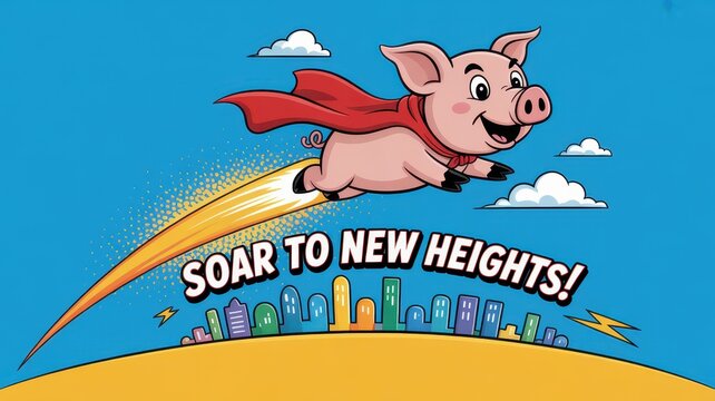Cheerful birthday card featuring a pig superhero soaring above a vibrant cityscape with a joyful message of encouragement. National When Pigs Fly Day