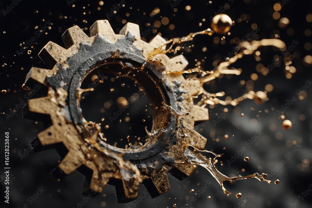 Poster detailed close up of a gear splashing oil in dynamic motion capturing intricate textures and metalli
