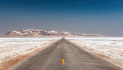 Fototapeta premium Endless Road. A long, gray asphalt road stretches to the horizon, cutting through a barren, white landscape