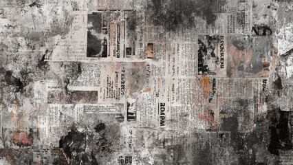 Black and white newspaper collage with distressed vintage texture. Retro newspaper background with old paper and grunge surface details. 