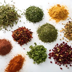 Spices and herbs assortment on white background