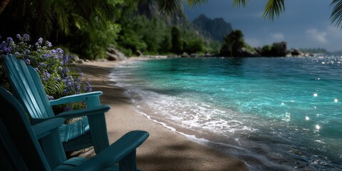 Tranquil beachside view with blue chairs and clear turquoise water at sunset in a tropical paradise
