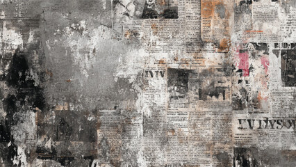 Black and white newspaper collage with distressed vintage texture. Retro newspaper background with old paper and grunge surface details. 