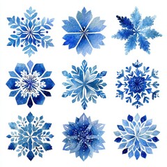 Delicate blue watercolor snowflakes showcasing unique patterns and designs on a white background