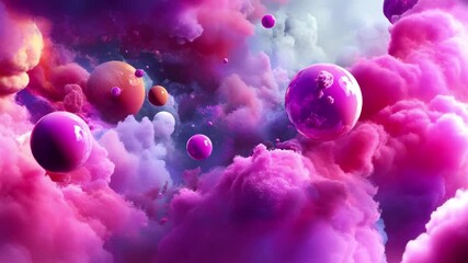 A vibrant cosmic scene featuring colorful planets and swirling pink clouds creating a dreamy atmosphere with beautiful hues of purple and orange - Powered by Adobe
