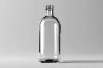 Clear, empty glass bottle stands tall on a gray surface in a studio. Use this bottle for mockups or product designs, or more.