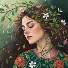 Girl holding flowers with beautiful hair and floral background