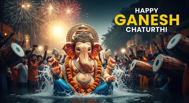 Realistic Ganesh Visarjan Celebration – Festival HD Wallpaper with Fireworks and Dhol Beats
