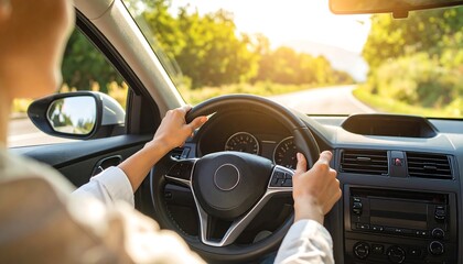Woman's hands grip steering wheel, driving on sunny road