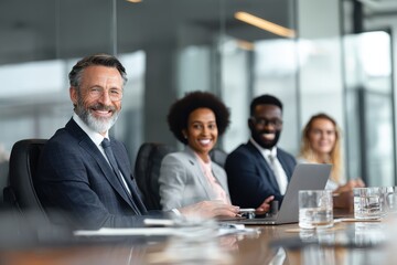 Diverse group of business professionals engaged in a conference, showing collaboration and teamwork in a modern office setting during daylight hours