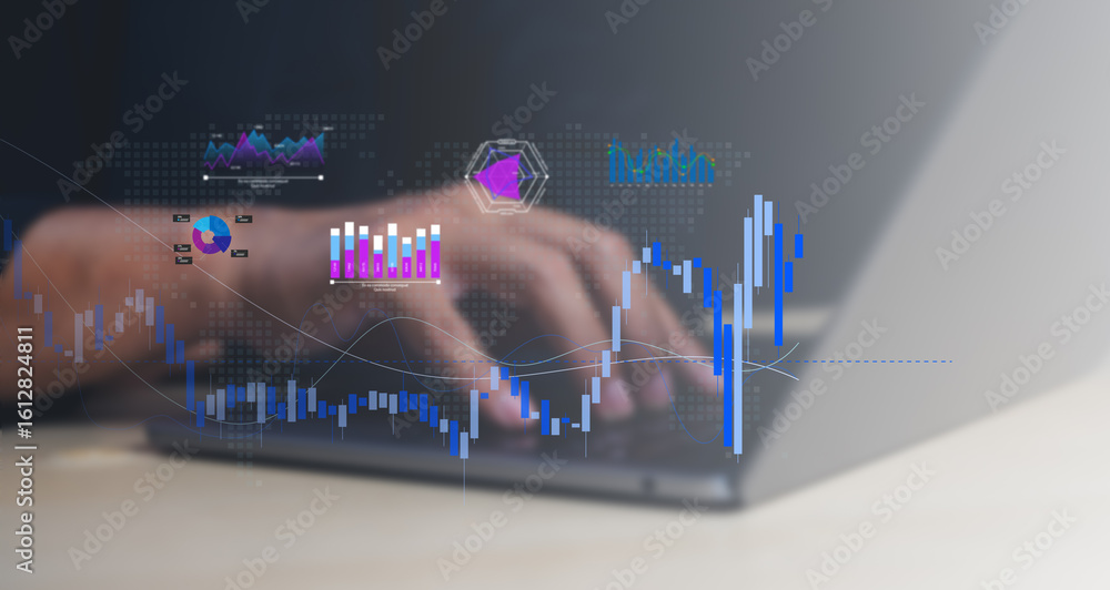 Poster a close-up of hands typing on a laptop with overlaid dynamic financial charts and graphs indicating 