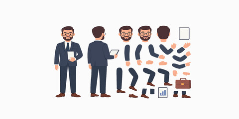 Print  Fashionable business man holding tablet. Character constructor for animation. Front, side and back view set. Body parts, postures, poses collection. Vector illustration. 