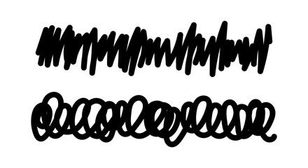 Black Scribble and Crossed Out Lines for Text Highlighting or Censorship. Hand Drawn Doodle Marks, Marker Stroke, Underline or Strikeout Elements Isolated