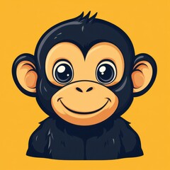 Cute cartoon monkey with big eyes and a friendly smile on a bright yellow background