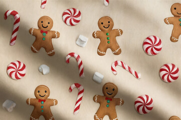 Delightful Christmas illustration showcasing cute gingerbread men and colorful candy canes on a festive background, ideal for holiday cards and cheerful wallpaper designs.