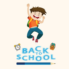 Kid with school bag is excited and happy. Back to school concept design vector.