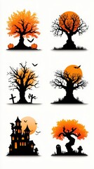 Colorful Halloween themed silhouettes featuring trees, pumpkins, bats, and a haunted house set against contrasting backgrounds