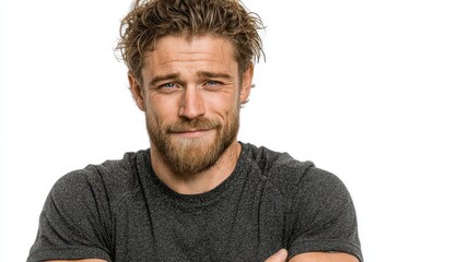 Obraz premium Smiling man with tousled hair dressed in a dark shirt poses confidently against a plain background