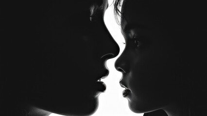Black and white close-up of diverse mother and child profiles facing each other, intimate family moment, perfect for parenting, love, and emotional connection themes with dark background mood