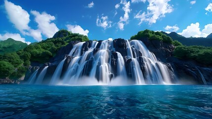 Fototapeta premium Majestic Waterfall Cascading over Rocks into a Crystal Clear Pool